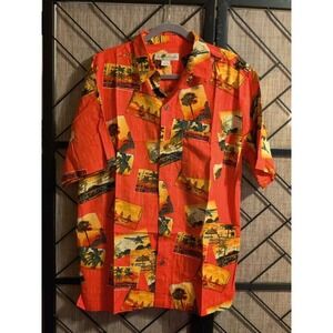 Joe‎ Marlin Mens Aloha Hawaiian Shirt Tropical Beach Scene Red Size L